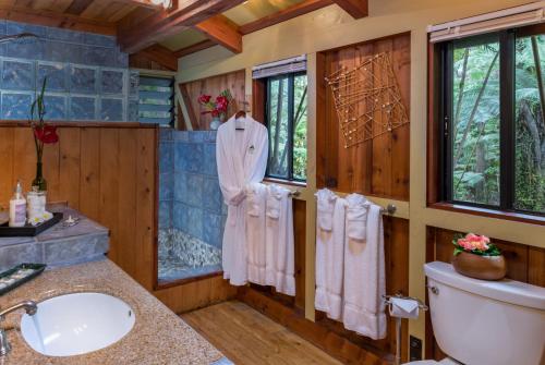 沃尔卡诺火山村庄旅馆的一间带水槽和卫生间的浴室以及窗户。