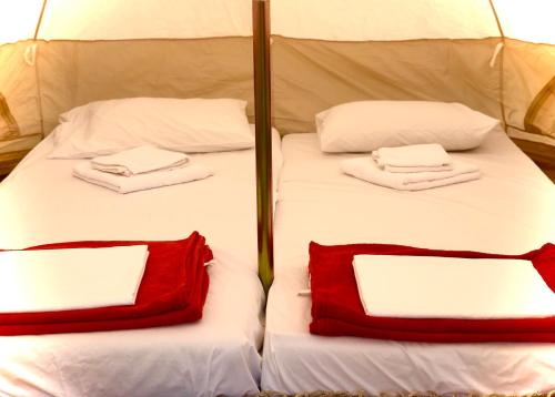 Káto AlissósCamping Kato Alissos的两张带白色和红色枕头的床