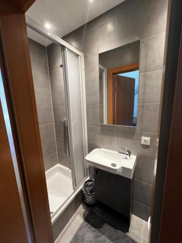 莱奥本Gasthof Knezevic的带淋浴、盥洗盆和镜子的浴室