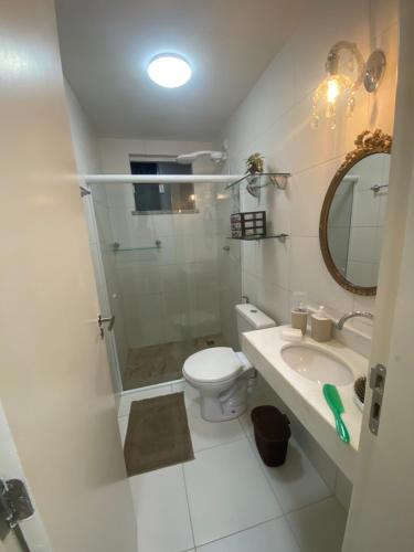 阿拉卡茹Apartamento em Resort Privativo的带淋浴、卫生间和盥洗盆的浴室