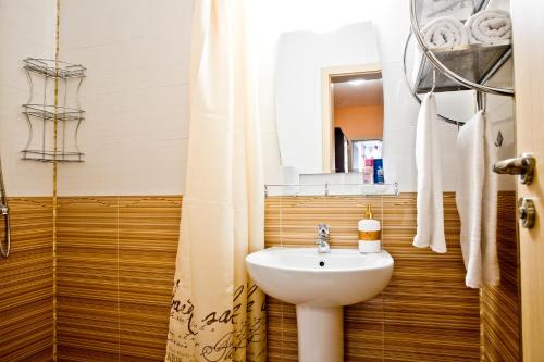 普罗夫迪夫Sunflower Apartment City Center的一间带水槽、卫生间和镜子的浴室