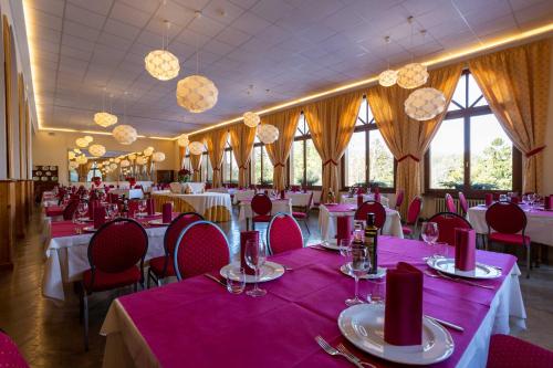修希Hotel Salegg的用餐室设有粉红色的桌椅和窗户。