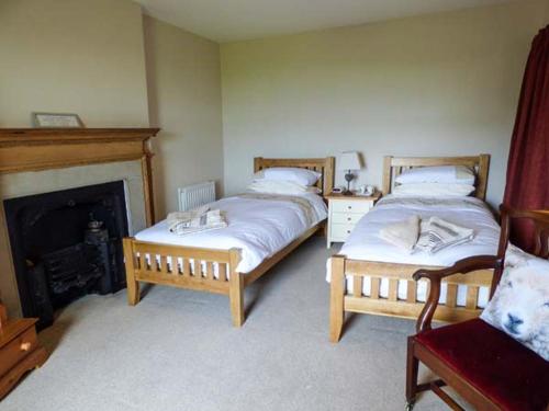 PenningtonHorrace Farm Cottage的带壁炉的客房内的两张床