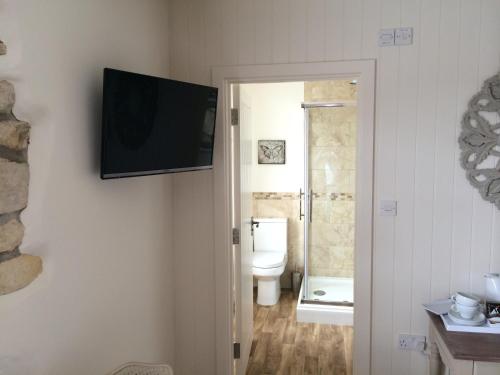 卡梅尔顿国王威廉四世旅馆的一间带卫生间的浴室和墙上的电视
