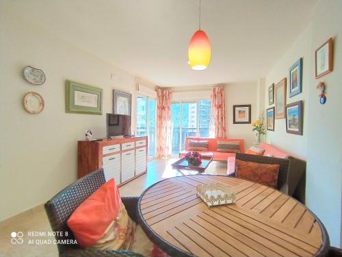 卡拉德费斯特拉特悉尼维拉约萨公寓的客厅配有木桌和沙发