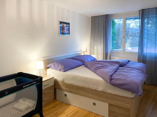 MagadinoApartment Bella Vista by Interhome的一间卧室配有一张带紫色枕头的床和窗户。
