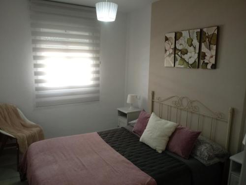 罗塔Apartamento Rotasol的一间卧室配有一张带紫色和白色枕头的床