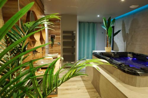 贝桑松LA DOLCEVITA SPA Chambre privative的一间带黑色浴缸和植物的浴室