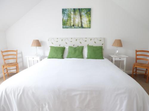 CraykeThe Stables, Crayke Lodge的卧室配有带绿色枕头的大型白色床