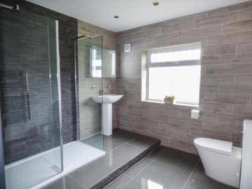 LlanharanCwm Gran Meadows的带淋浴、卫生间和盥洗盆的浴室
