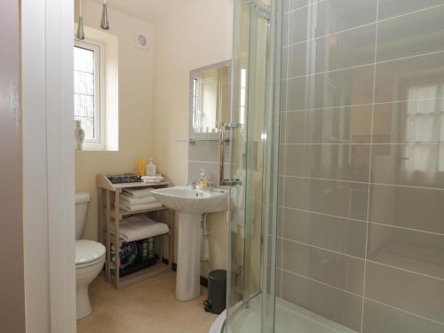 ClenchwartonMrs Dale's Cottage的浴室配有卫生间、盥洗盆和淋浴。