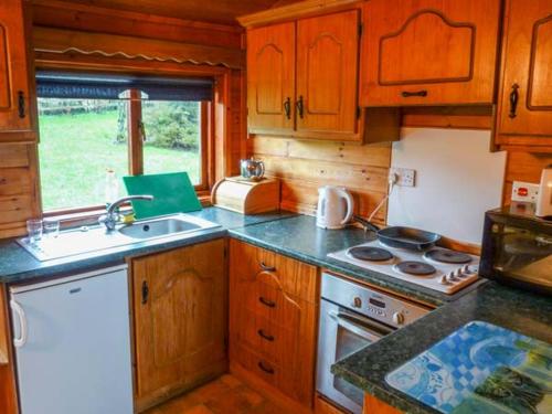 GlenCabin 2的厨房配有木制橱柜和炉灶烤箱。