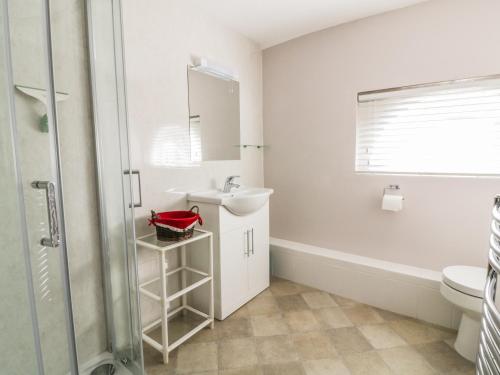 萨德伯里Stable Cottage的一间带水槽、卫生间和镜子的浴室