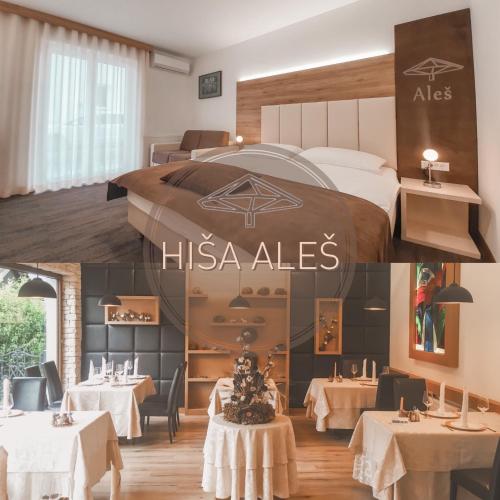克拉尼Hiša Aleš的酒店客房设有两张桌子和一张床,酒店内设有一间餐厅。