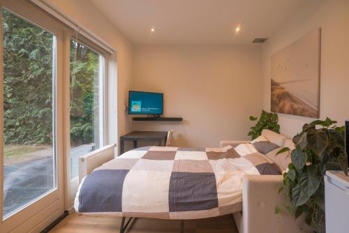 埃因霍温Right Garden Suite in Villa near Centre and TUe的一间卧室设有一张床、一台电视和一个窗口。