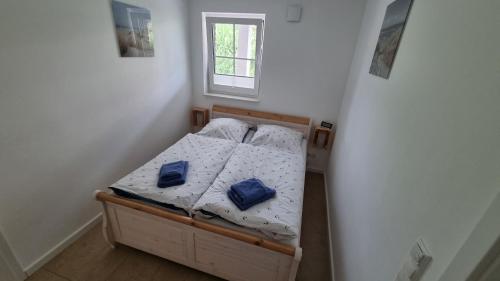 奥特里德维茨Ferienwohnung Rügen 2, Alt Reddevitz 108, Insel Rügen, Sauna Nutzung möglich的小卧室配有带蓝色枕头的床
