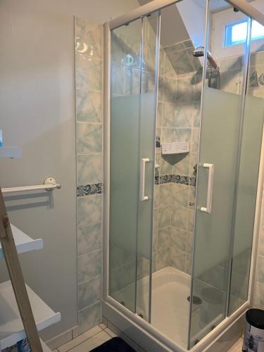 TréffiagatLa Rose des Mers的浴室设有玻璃门淋浴