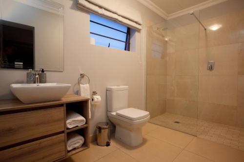 阿多Longhill Lodge的浴室配有卫生间、盥洗盆和淋浴。