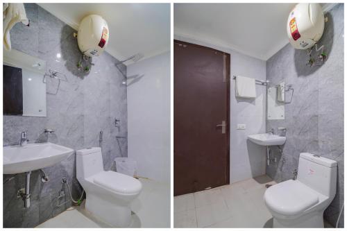 新德里Hotel Classic Paradise Inn的浴室的两张照片,配有卫生间和水槽