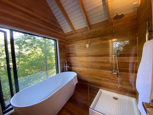 普孔Luxury mountain loft的带浴缸的浴室和大窗户