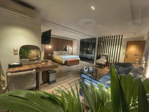 伊泰阿Trokadero Boutique Hotel的酒店客房配有床、沙发和电视。