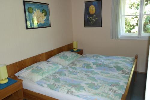 沃尔特湖畔佩莎赫Ferienhaus Simon的卧室内的一张床位,配有两个枕头