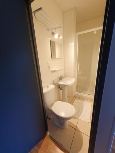 圣阿弗里克Chambre privée du Majestic的浴室配有白色卫生间和盥洗盆。