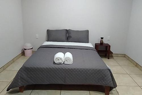 San RafaelHospedaje Rio Celeste Katira, Habitación privada的一间卧室,床上放着一双鞋