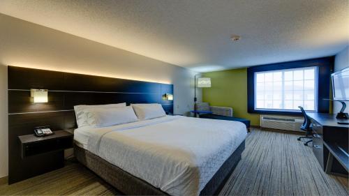 Austinburg阿什塔比拉日内瓦智选假日酒店及套房的酒店客房设有一张大床和一张书桌。