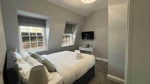 伦敦Dockers Inn的一间卧室设有一张大床和两个窗户。