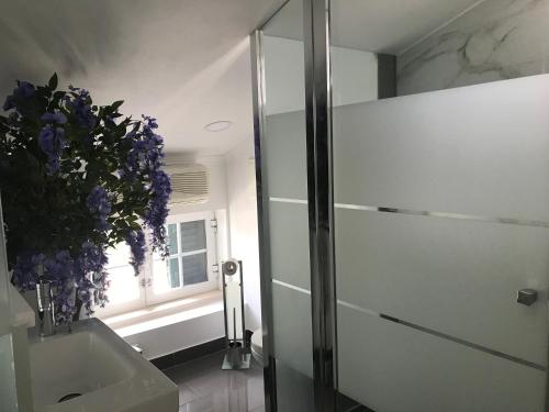 费尔南费罗奥露台旅馆的带淋浴和紫色花瓶的浴室