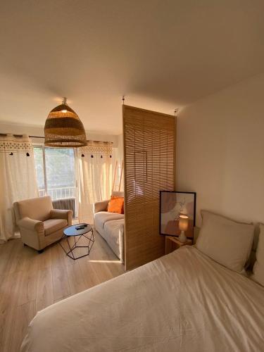 米卢斯Studio bohème - Centre - Proche gare的一间卧室配有一张床,客厅配有沙发