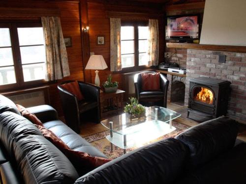 LongfayeCharming chalet in Malmedy with sauna的带沙发和壁炉的客厅
