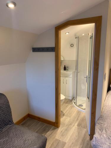 威廉堡Morvan Pod & Hot tub的一间卧室设有淋浴和玻璃门