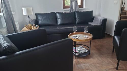 姆拉哥沃Mazurskie Siedlisko Langen的客厅配有黑色沙发和带酒杯的桌子