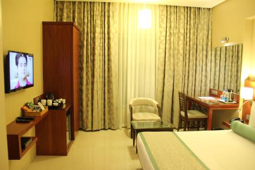奥兰加巴德绿橄榄酒店的酒店客房配有一张床铺、一张桌子和一张书桌。