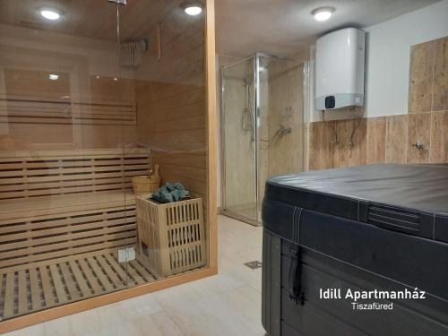 蒂萨菲赖德Idill Apartmanház B&B的带淋浴和浴缸的大浴室
