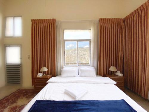 纳布卢斯Hayat Guest House的一间卧室设有一张大床和一个窗户。