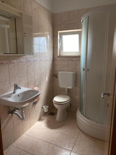 波尔吉察Apartmani Sabljic的一间带卫生间和水槽的浴室