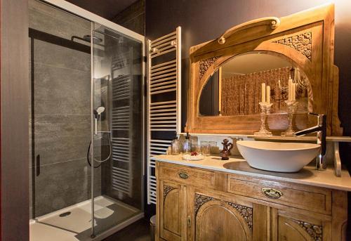 布鲁日Royal Swans B&B的一间带水槽和玻璃淋浴的浴室