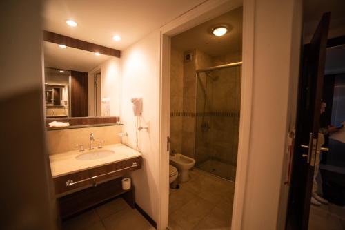 维拉卡洛斯帕兹Hotel Estilo MB - Villa Carlos Paz的一间带水槽、淋浴和卫生间的浴室