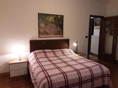 都灵La Terrazzina, silenzioso, zona Piazza Gran Madre的一间卧室配有一张带铺着地毯的床和两盏灯。
