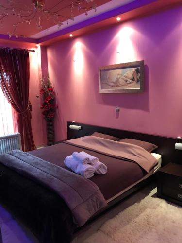 阿瑞达伊亚Apartament的一间卧室设有紫色墙壁和一张带毛巾的床