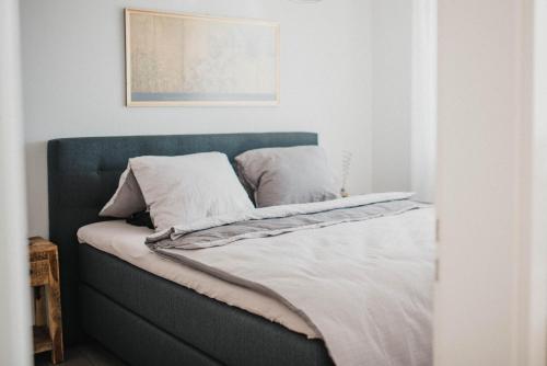 阿斯科纳Ascona: Residenza Principessa Apt. 9的一张带蓝色床头板和白色枕头的床