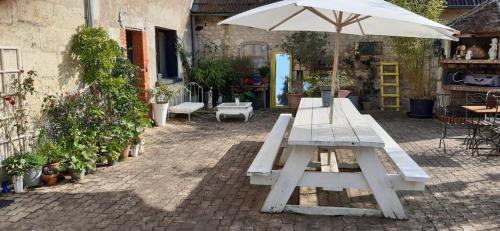 谢尔河畔努瓦耶Les petites Mirabelles的庭院内带雨伞的野餐桌