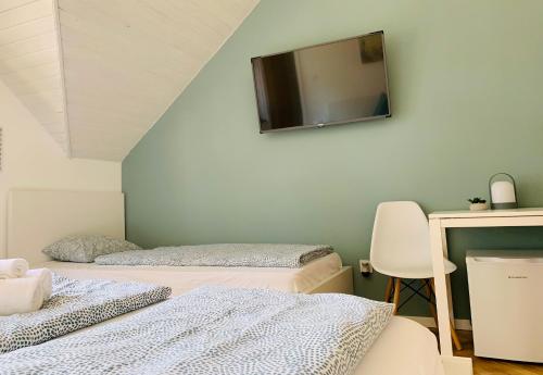 希欧福克Villa B96 Siófok的配有两张床铺的客房,墙上配有电视