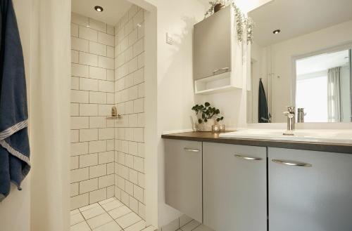 哥本哈根ApartmentInCopenhagen Apartment 1167的白色的浴室设有水槽和淋浴。