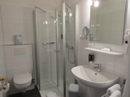 巴德茨维什安Hotel zum Rosenteich的带淋浴、盥洗盆和卫生间的浴室