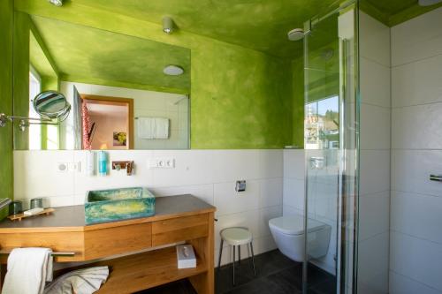 米森-维尔哈姆斯勃劳盖斯夫舍费勒酒店的浴室设有绿色天花板和玻璃淋浴间。