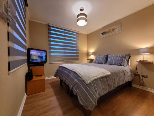 圣佩德罗德拉帕斯San Pedro de la Paz by Luxury Apartment Chile的一间卧室设有一张带电视和窗户的床。